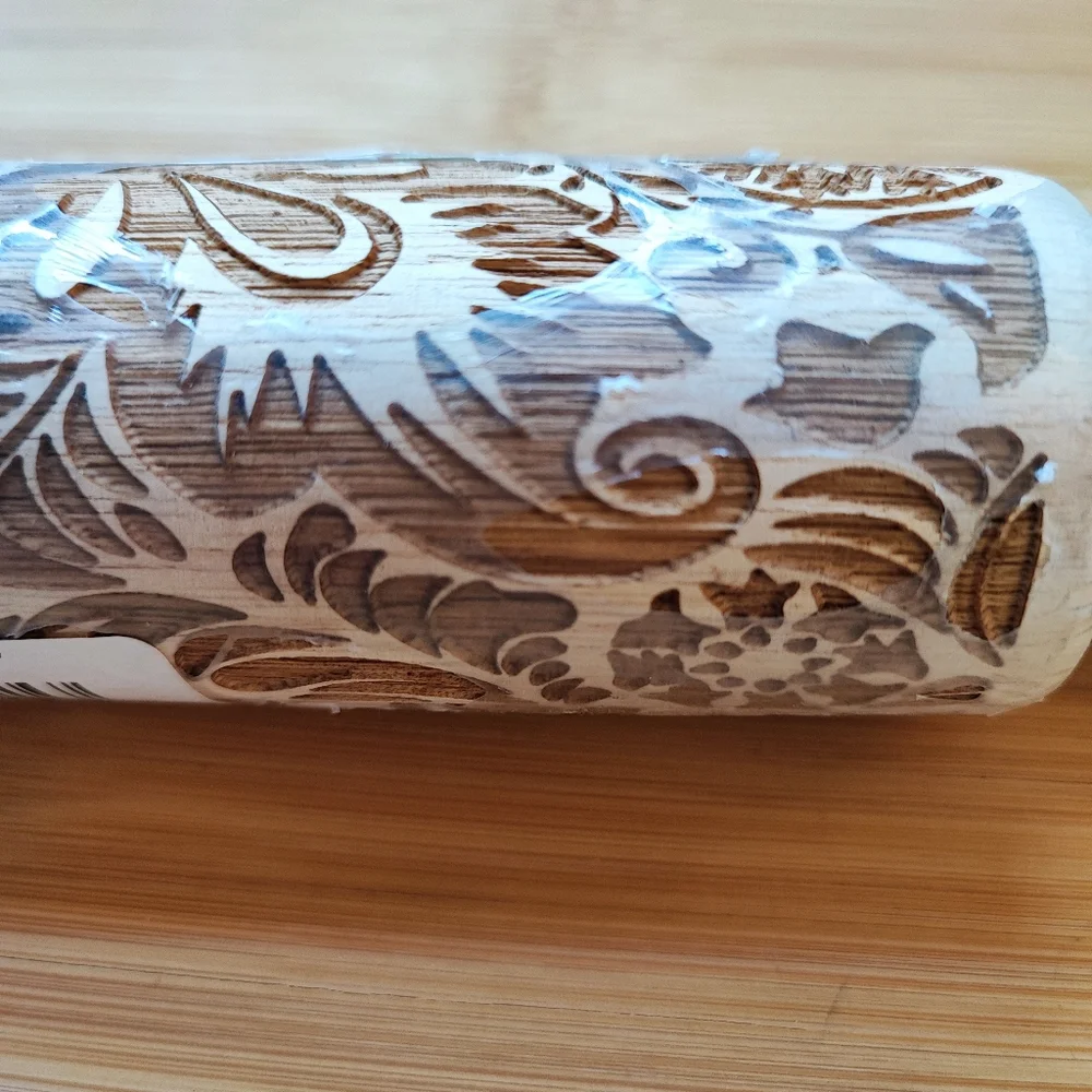 2 Wooden Christmas Holiday Embossed Rolling Pins Reindeer Trees Scroll Pattern